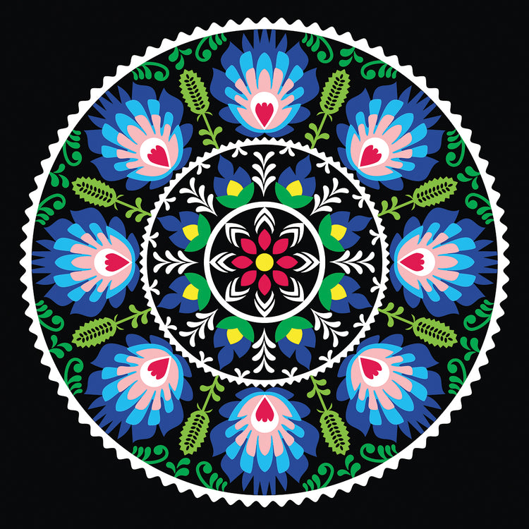 Arte de lienzo de círculo floral negro brillante