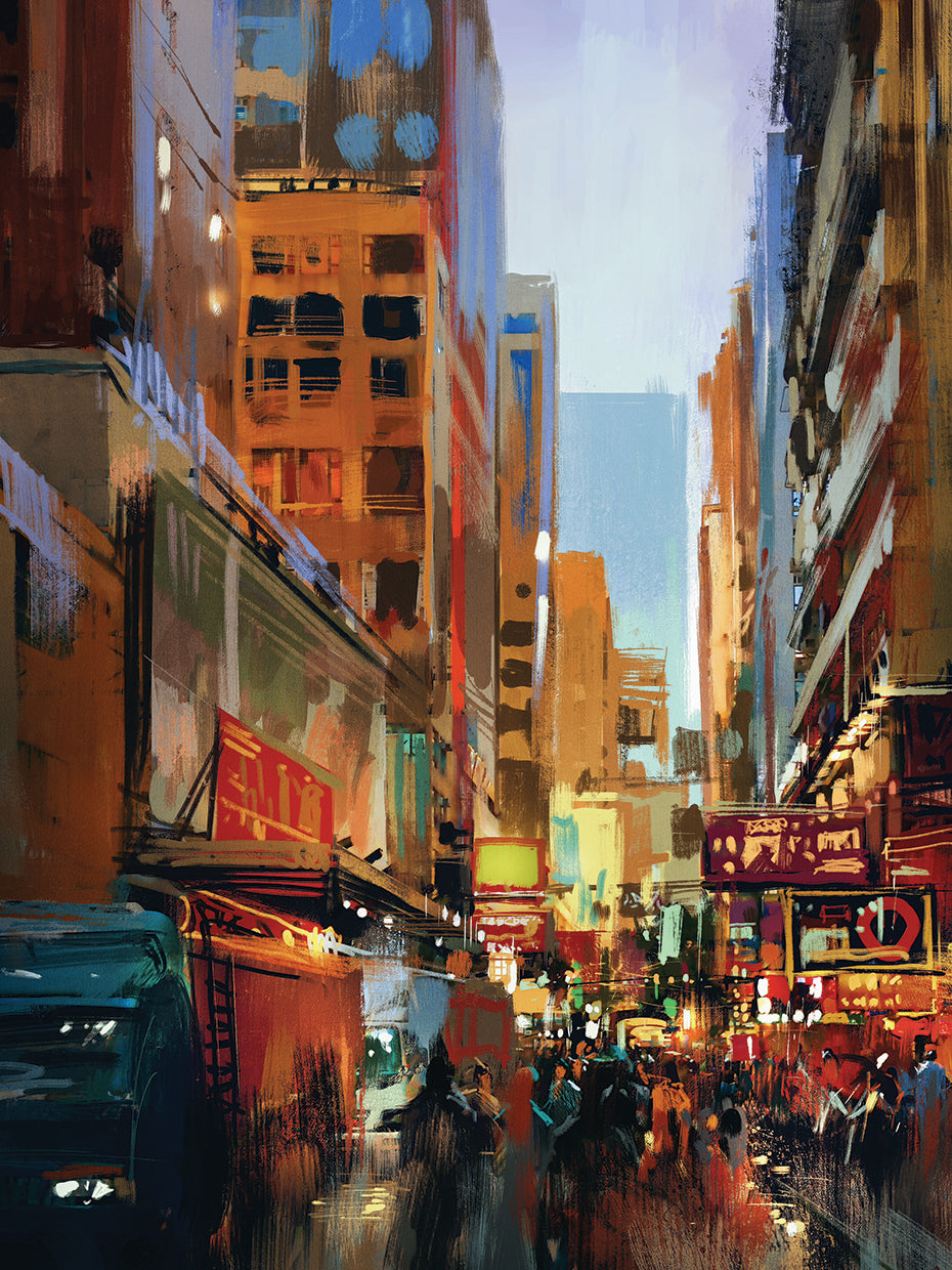 Arte colorido de la lona del ajetreo de la ciudad