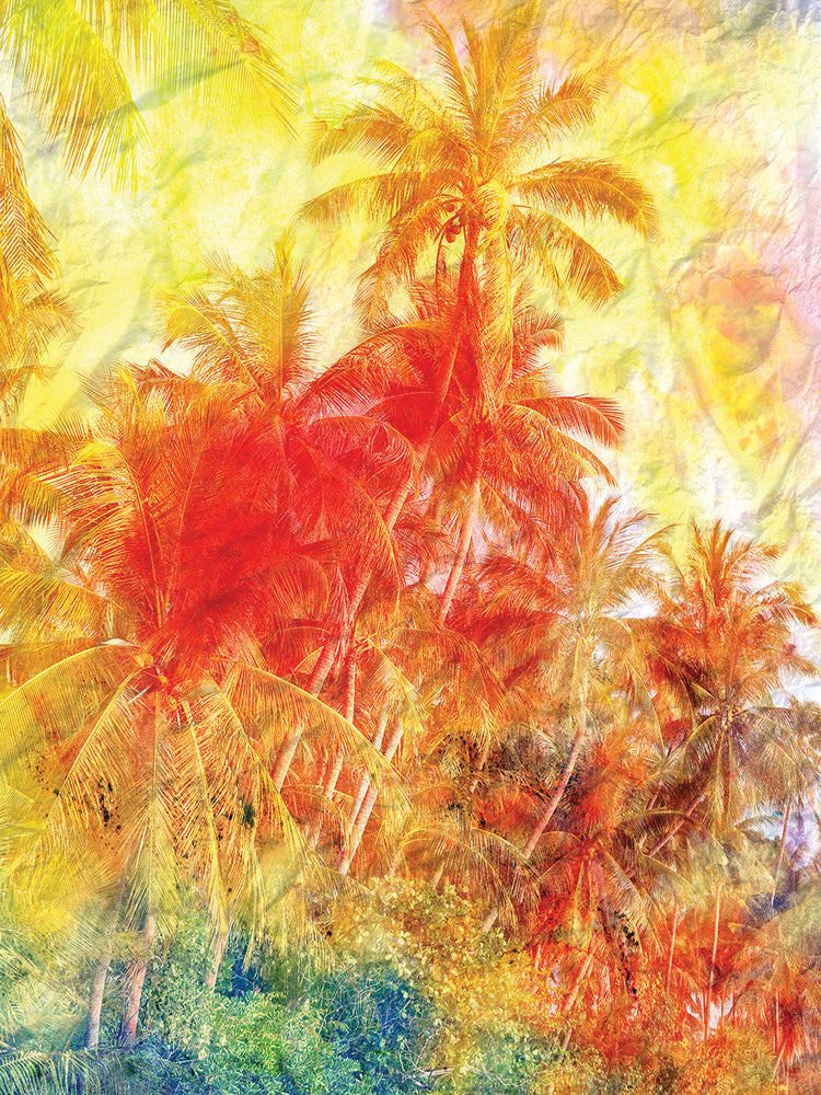 Arte de la lona de las palmeras de la puesta del sol de la isla tropical
