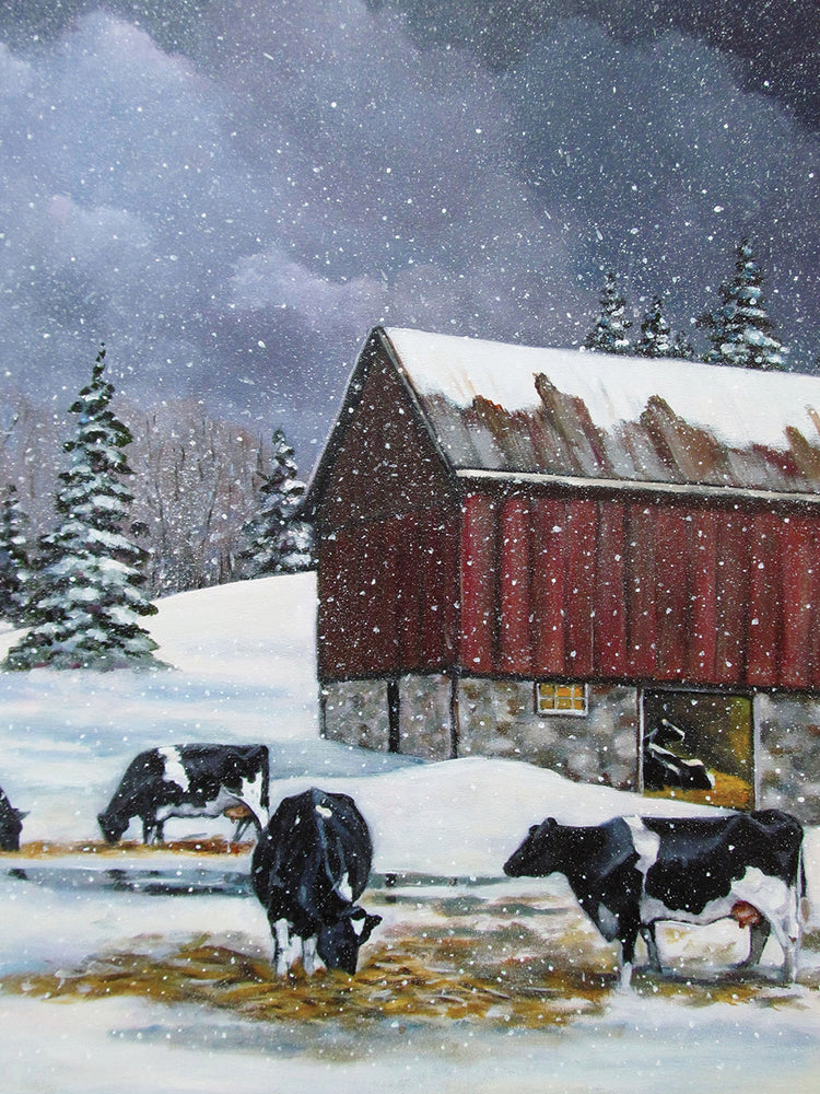 Arte de la lona del invierno del granero rojo de las vacas lecheras