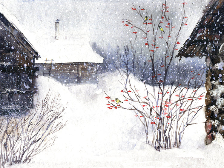 Arte de la lona del pueblo de invierno ruso rural