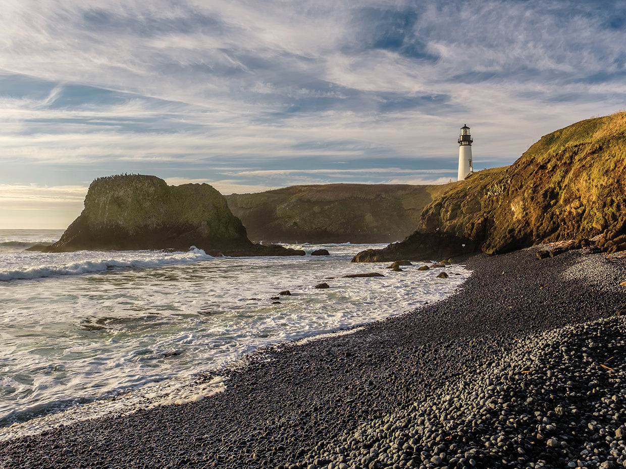 Arte de la lona de la playa del faro de Oregon