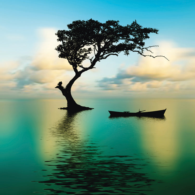 Black Boat Teal Lake by DP Gallery is a peaceful landscape photo printed on canvas or framed canvas