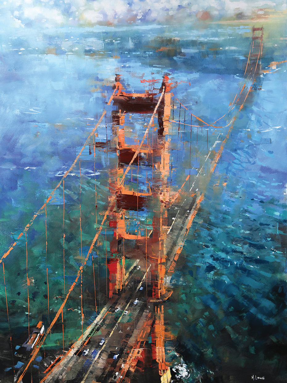 Golden Gate Sun by Mark Lague is colorful and contemporary landmark painting painting printed on canvas or framed canvas