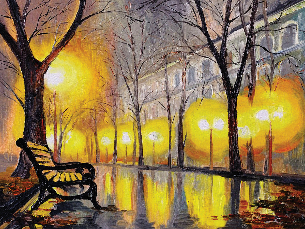 Street Light Glow Park Bench
