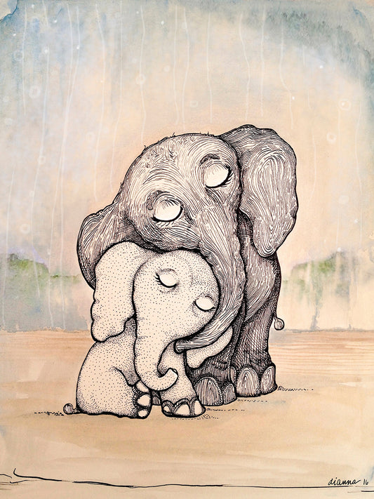 Whimsical Mom And Baby Elephant