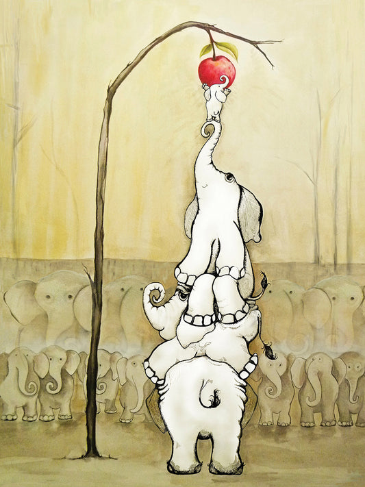 Whimsical Elephants with Red Apple