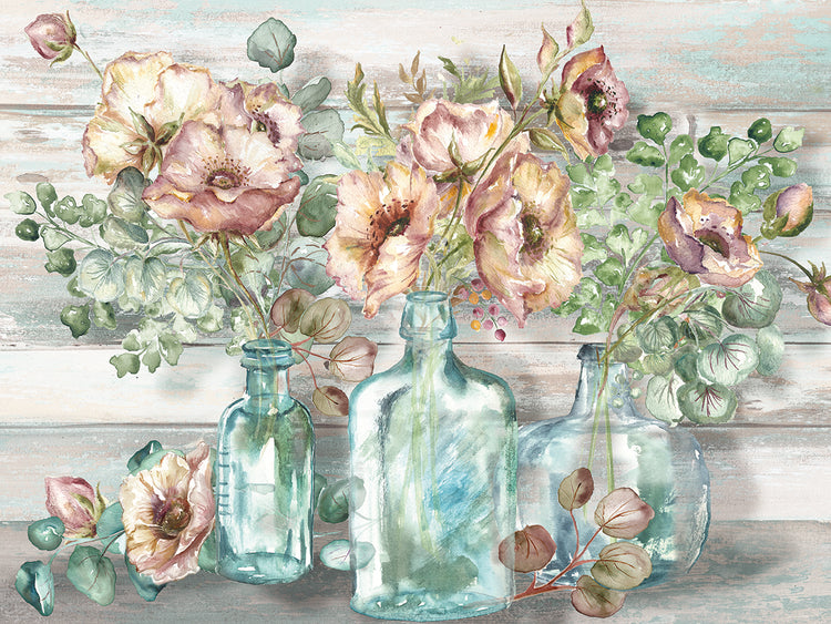 Blush Poppies and Eucalyptus in bottles landscape