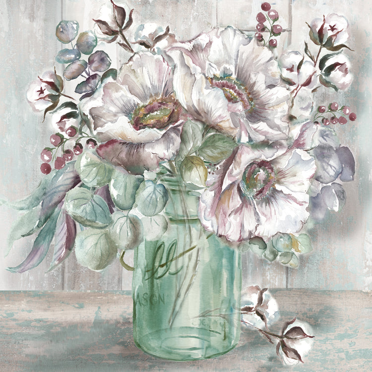 Blush Poppies and Eucalyptus in Mason Jar