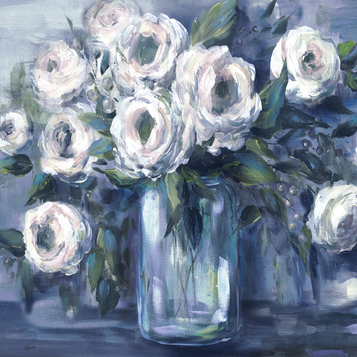 Indigo and White Blooms in Mason Jar