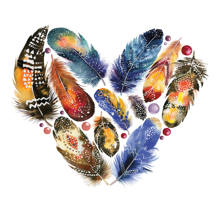 Boho style heart with bird feathers