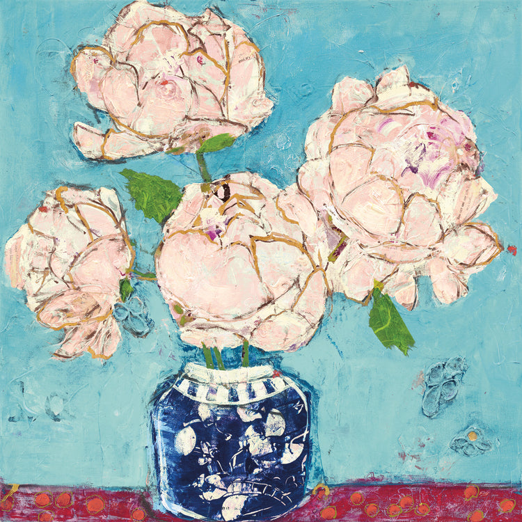 Vase of Peonies Aqua Coral