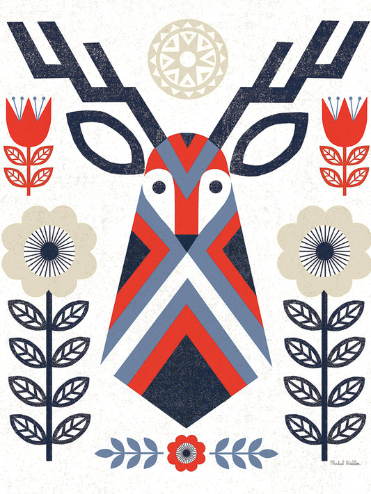 Folk Lodge Deer II Red Navy Canvas Print