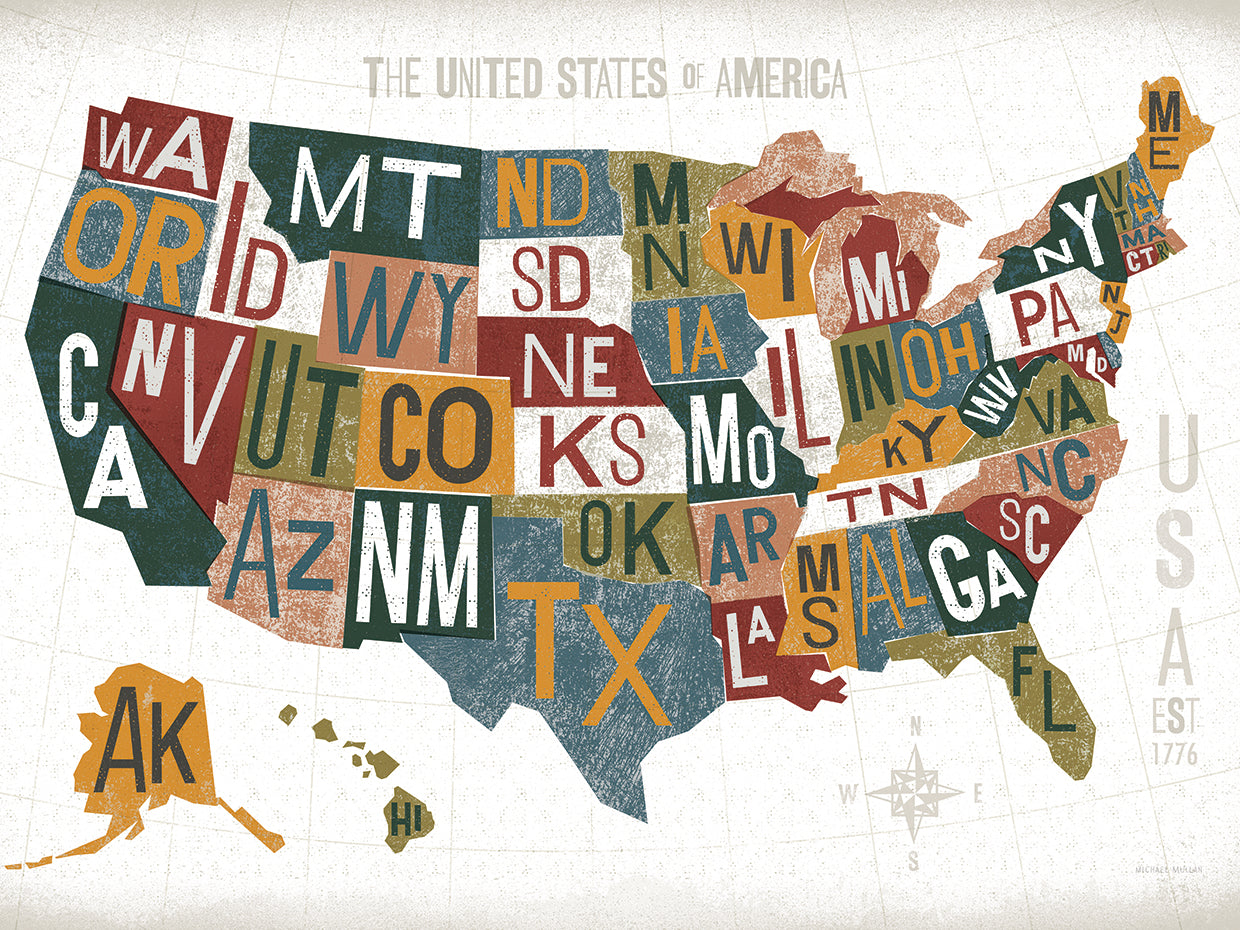 Letterpress USA Map Warm