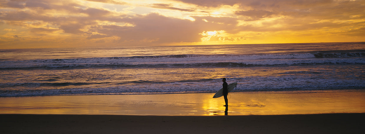 Silhouette of a man holding a surfboard on the beach, Manhattan Beach, El Segundo, Cali…
