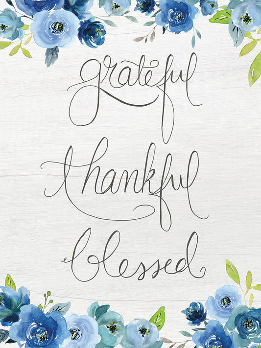 Grateful, Thankful, Blessed with Blue Flowers Canvas Print