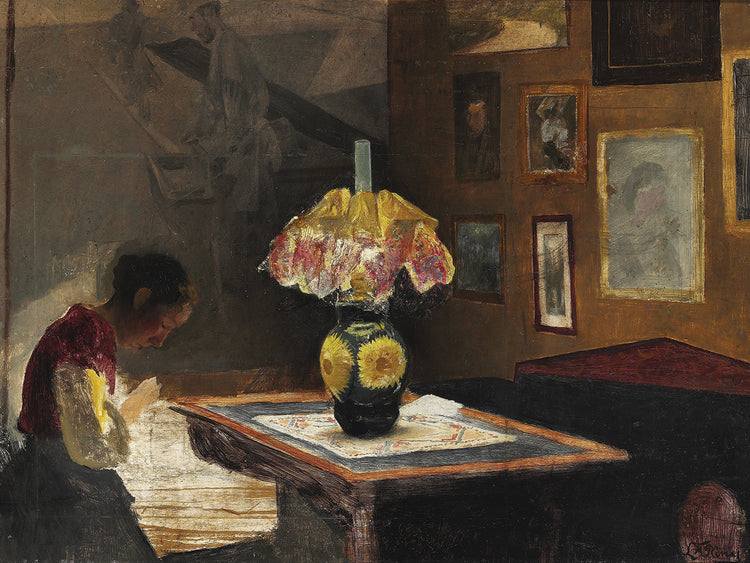 Kunstnerens hustru Sigrid syende ved lampelys. Karrebæksminde (1898)