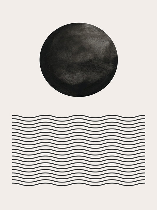 Block Print Sun and Waves, Black and White Canvas Print