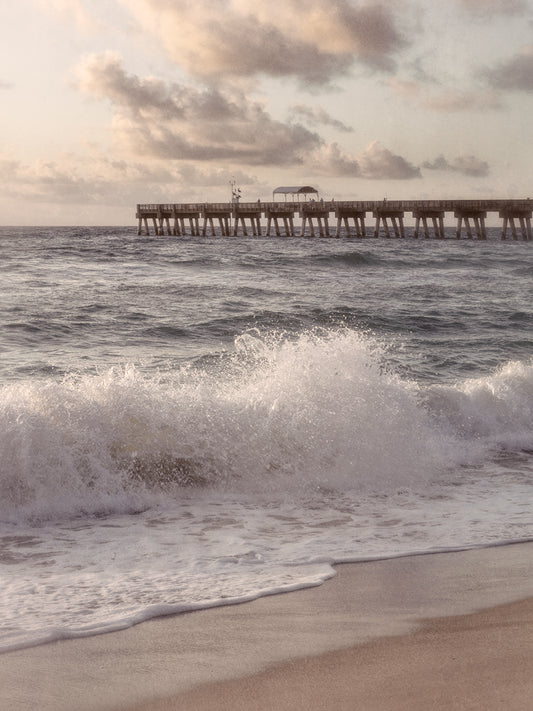 Crashing Waves by the Pier in Beachhouse Hues