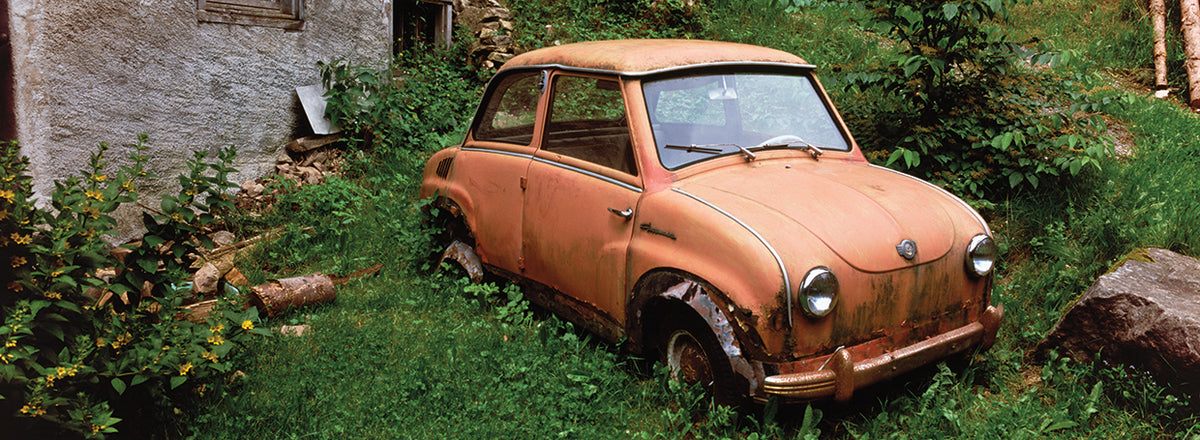 Goggomobil classic car at a farmhouse, St. Peter, Black Forest, Baden-Wurttemberg, Germany