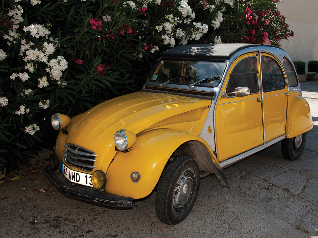 Yellow Citroen 2CV vintage car, Senas, Bouches-Du-Rhone, Provence-Alpes-Cote d'Azur, France