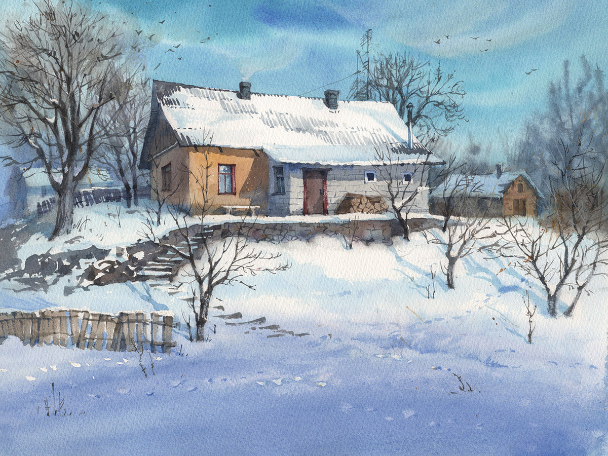Winter Landscape, Watercolor Painting