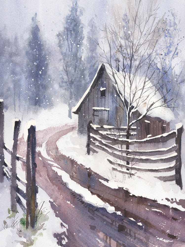 Snow Art Original Watercolor, Winter Landscape Painting
