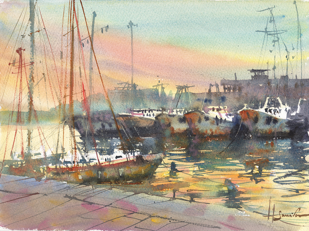 Yachts In The Port. Watercolor