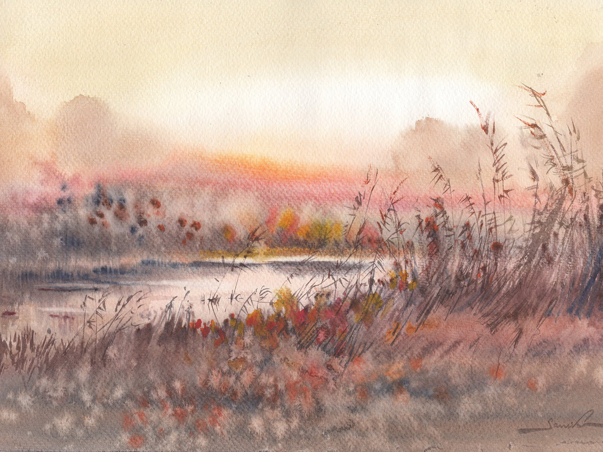 Sunrise Landscape Watercolor Painting