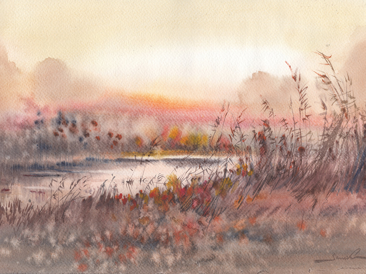Sunrise Landscape Watercolor Painting