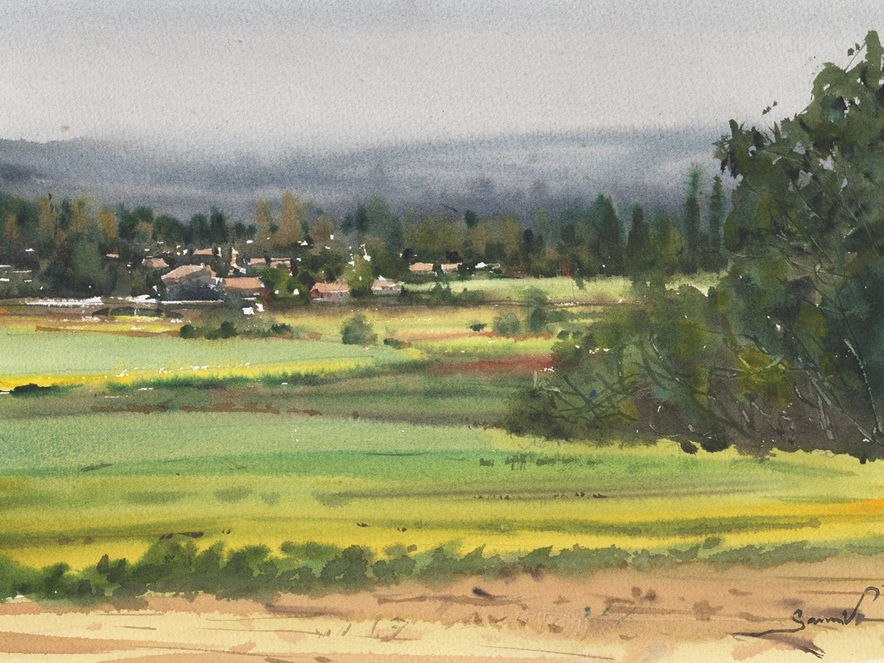 Paisaje Soleado Pintura Acuarela Lienzo