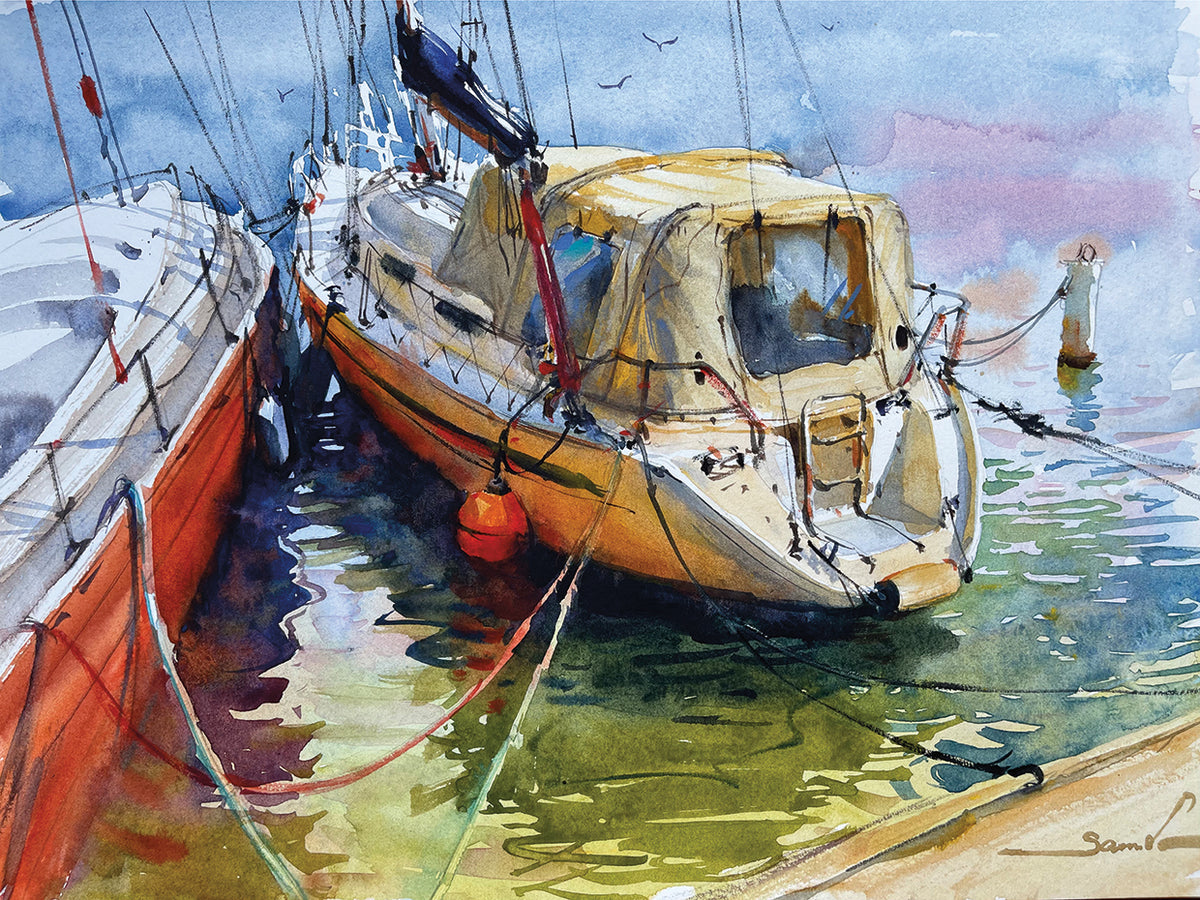 Yachts In The Port. Watercolor Painting