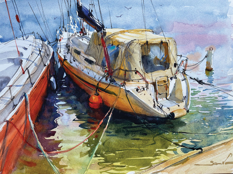 Yachts In The Port. Watercolor Painting