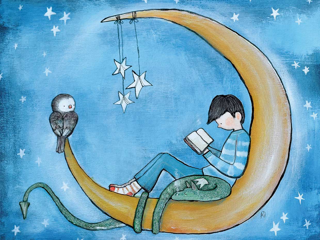 Boy Reading On Moon Painting