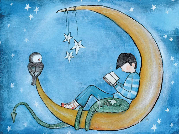 Boy Reading On Moon Painting