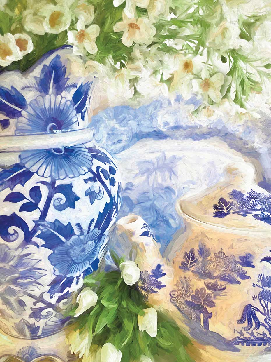 Blue Chinaware with Flowers 18x24