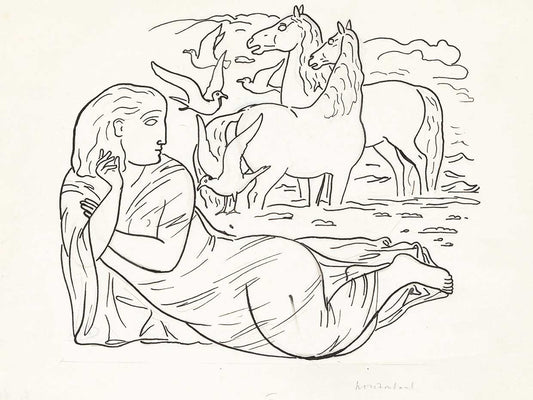 Sketch of Woman Lying On the Beach with two horses and seagulls (1891)