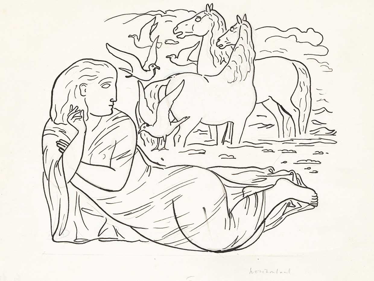 Boceto de mujer tendida en la playa con dos caballos y gaviotas (1891) Lienzo