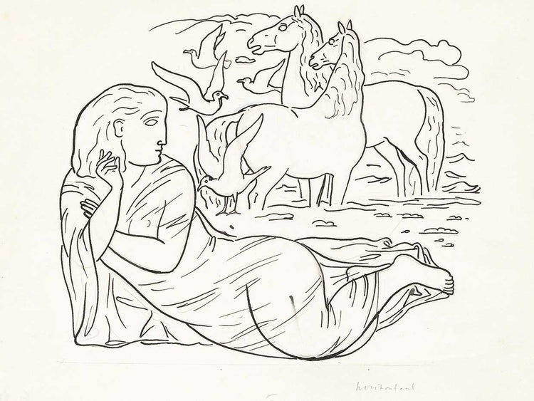 Boceto de mujer tendida en la playa con dos caballos y gaviotas (1891) Lienzo
