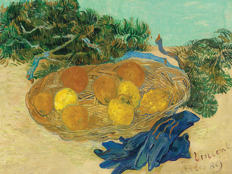 Still Life of Oranges and Lemons with Blue Gloves