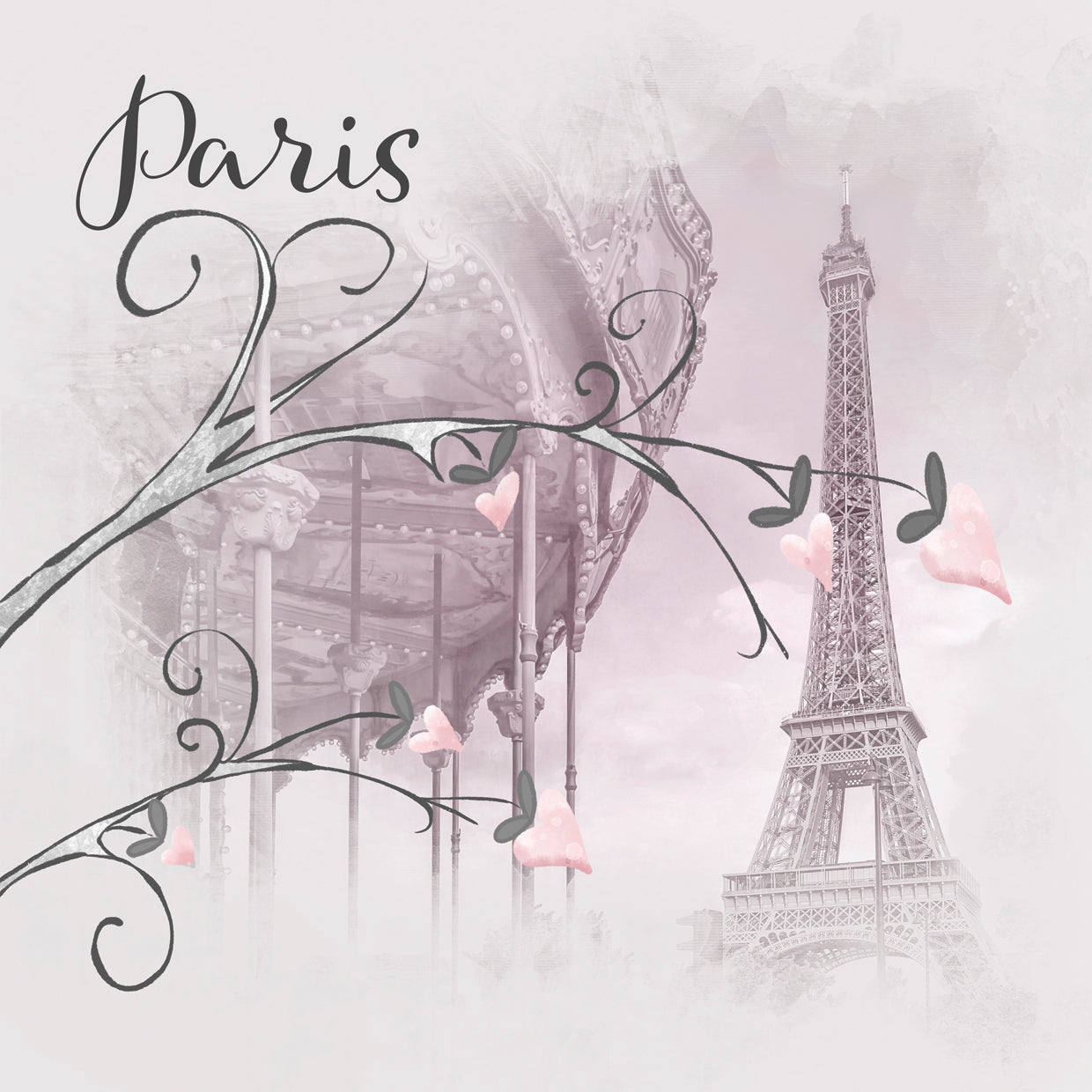 Typical Paris - pink watercolor with hearts
