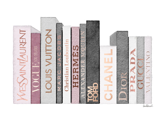 Book Shelf Full Of Rose Gold, Grey, And Pink Fashion Books