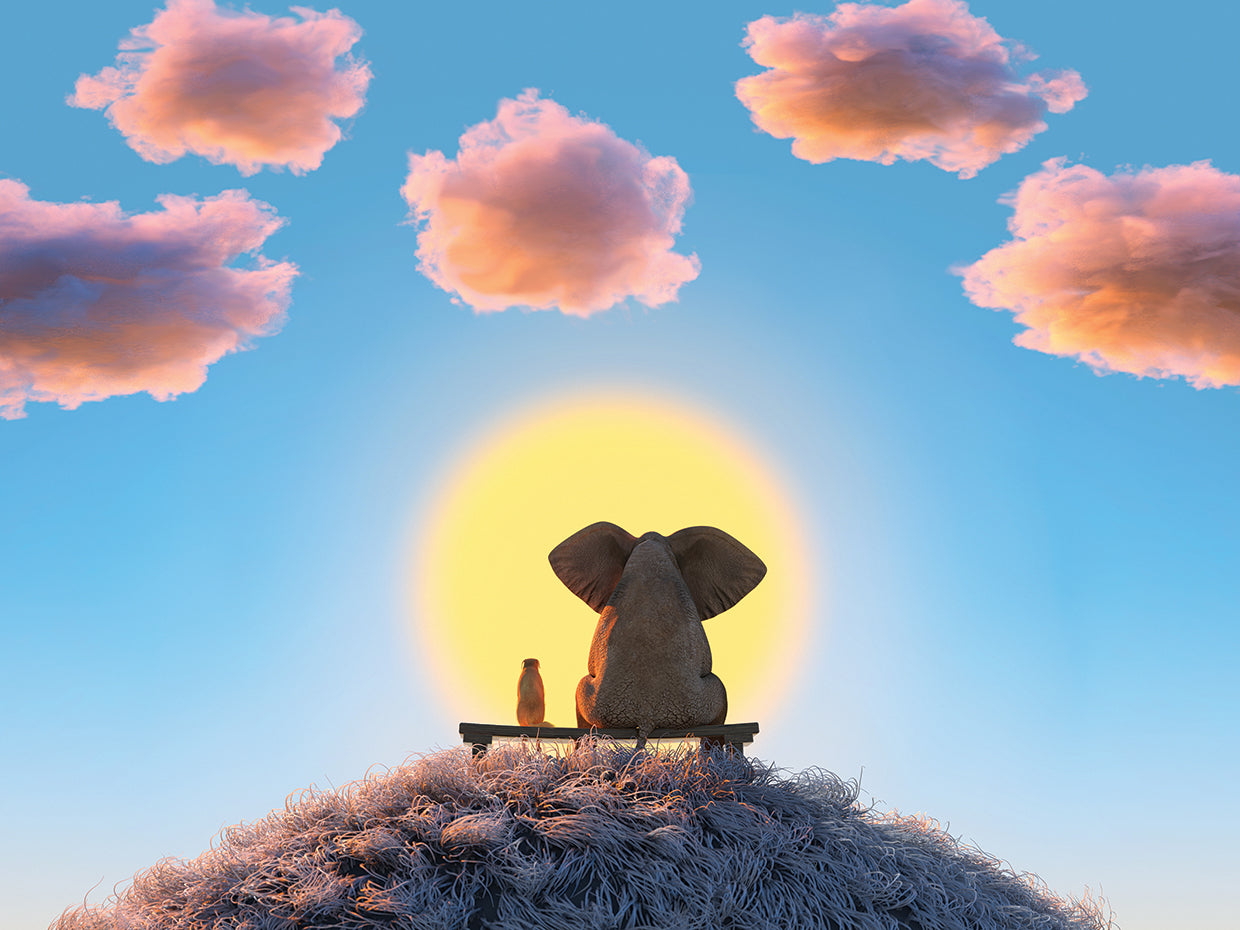 Elephant And Dog Sit on a Hill