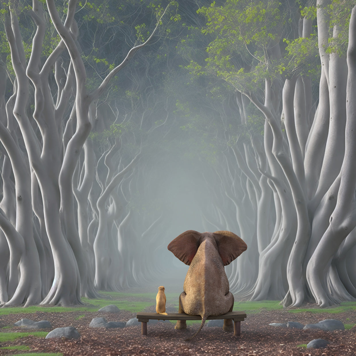 Elephant And Dog Sit in the Forest