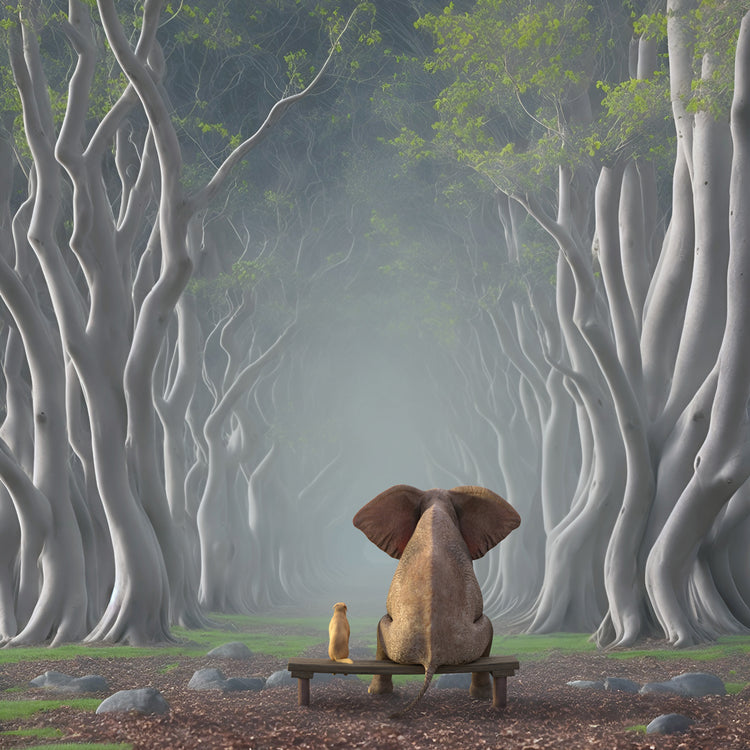 Elephant And Dog Sit in the Forest