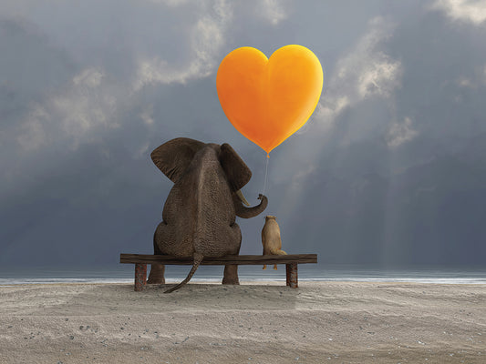 Elephant And Dog Sit with a Heart Balloon