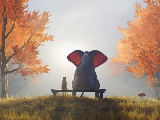 Elephant And Dog Sit in the Fall