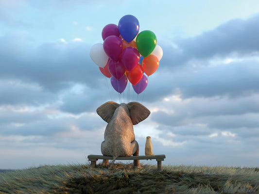 Elephant And Dog Sit with a Bunch of Balloons