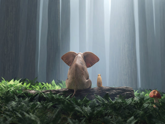 Elephant And Dog Sit In the Fern Forest