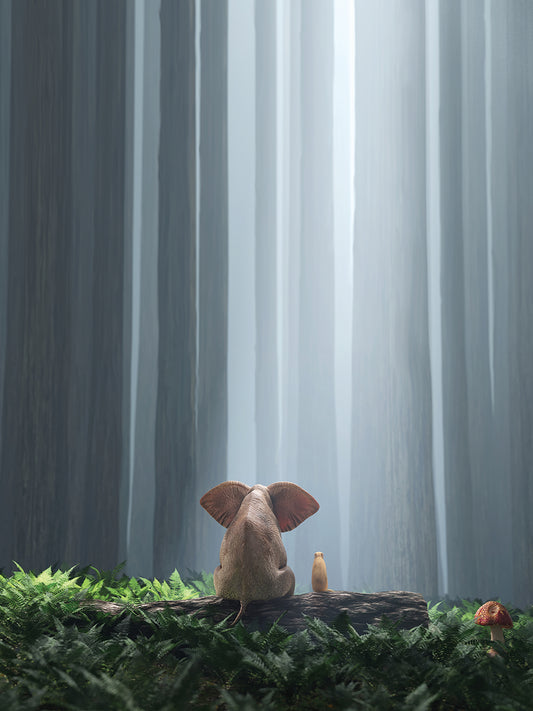 Elephant And Dog Sit In the Fern Forest (vertical)
